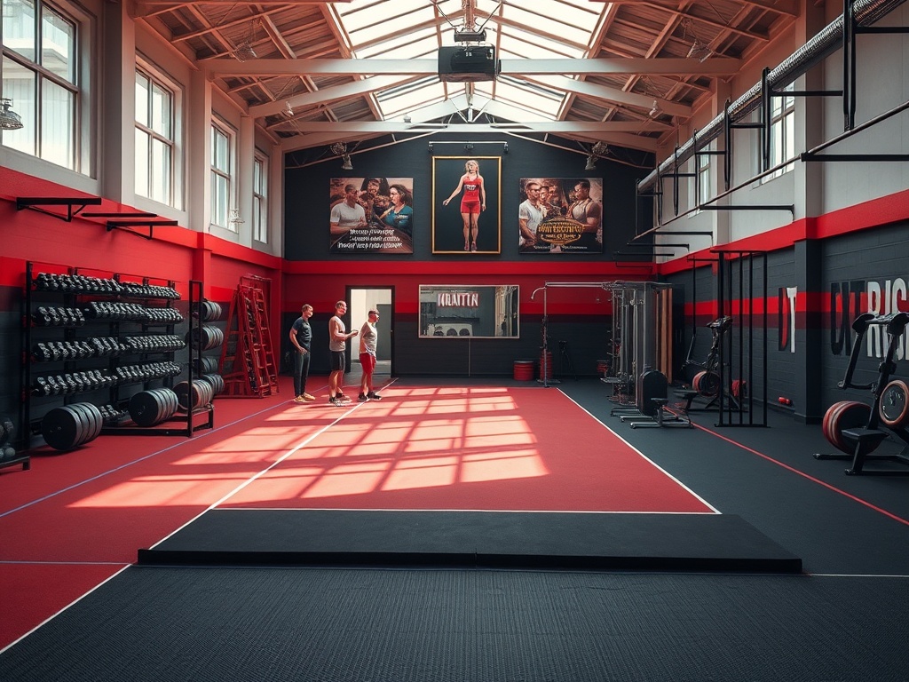 Современный тренажерный зал с оборудованием и людьми, занимающимися физическими упражнениями.