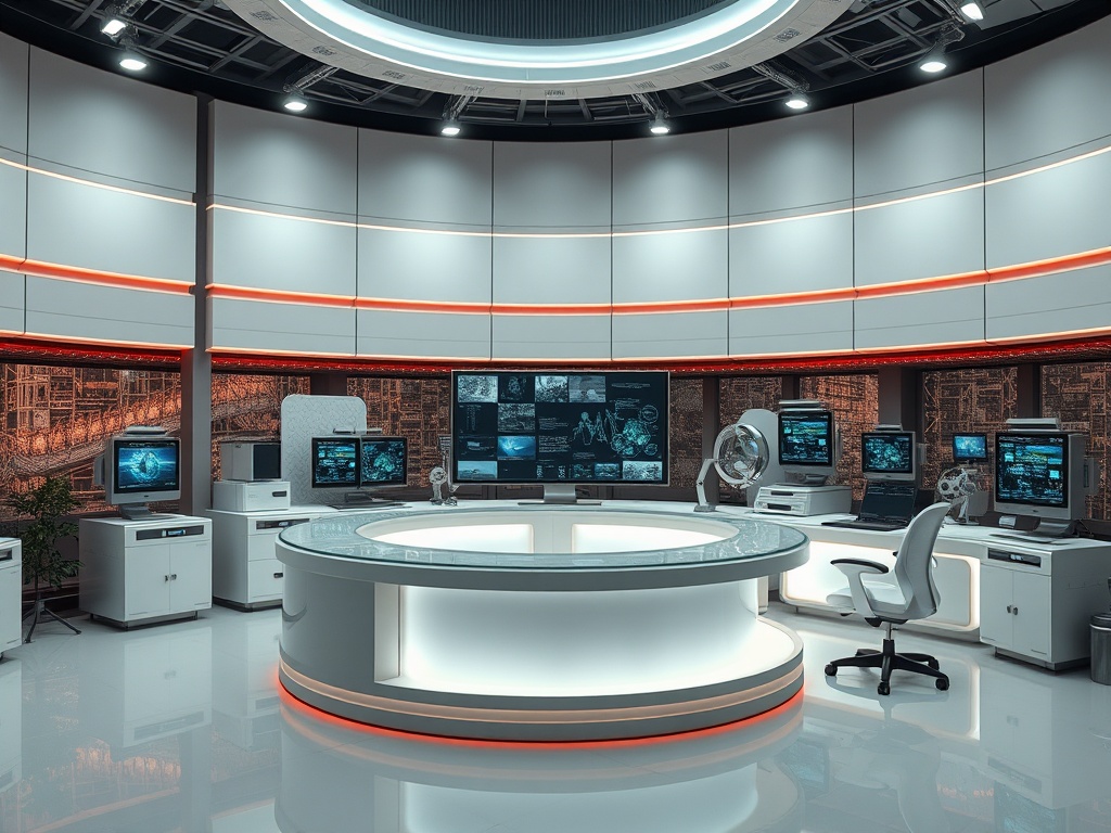 Современный офис с круглым столом, компьютерами и высокотехнологичными экранами на стенах.