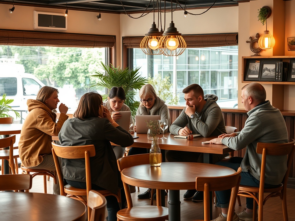 Группа людей обсуждает идеи за круглым столом в кафе, окружённая зеленью и уютной атмосферой.