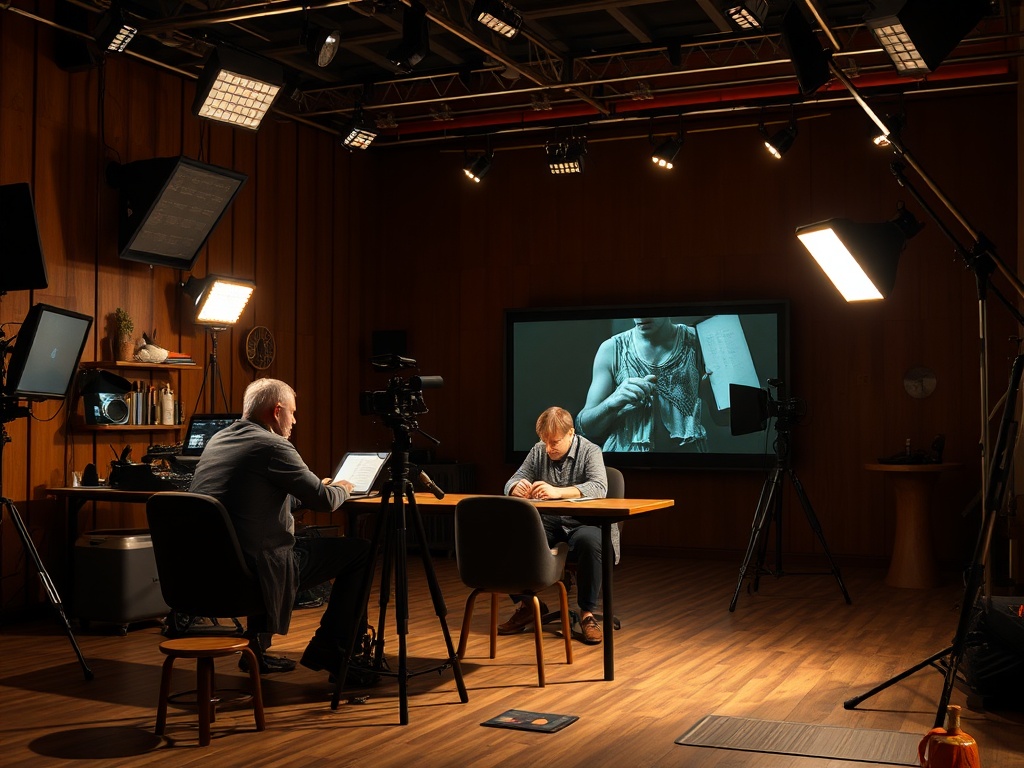 В студии двое мужчин за столом, один читает, другой пишет, на заднем плане экран с изображением.