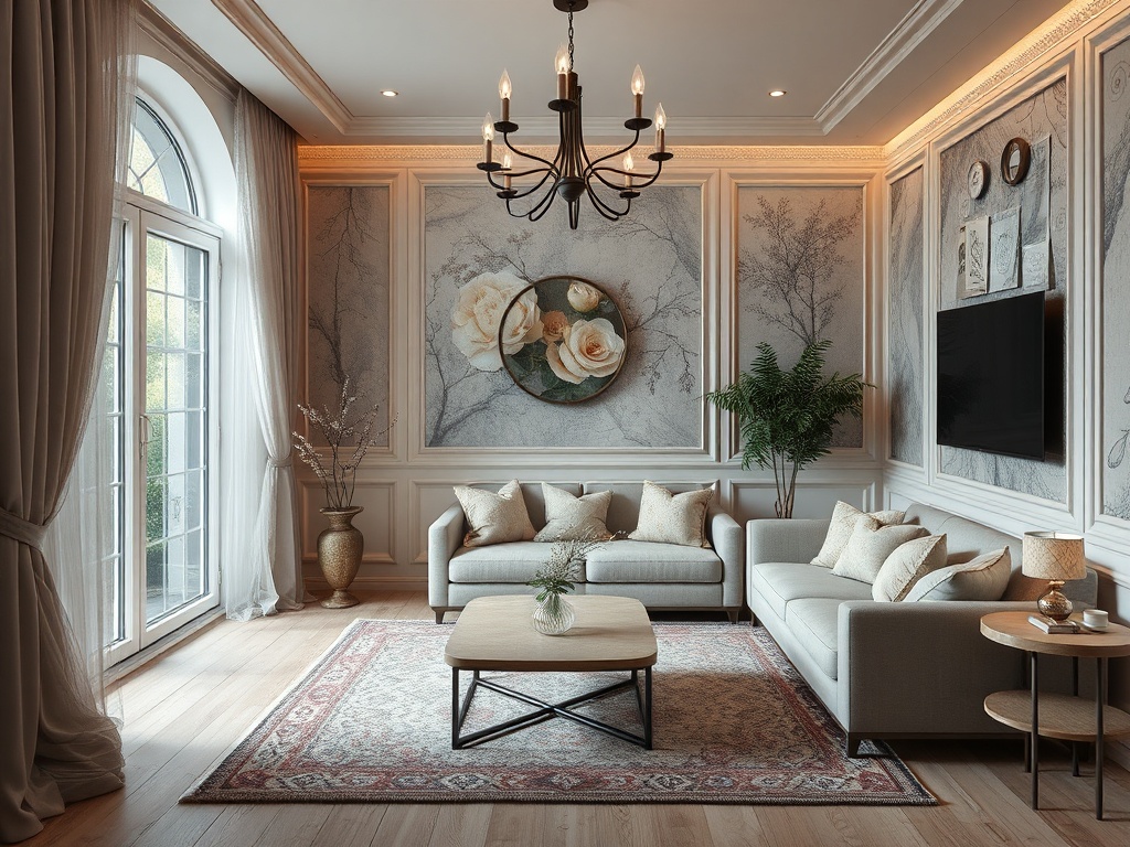 Современный интерьер гостиной с мягкой мебелью, часами и картинами на стенах, большое окно с занавесками.