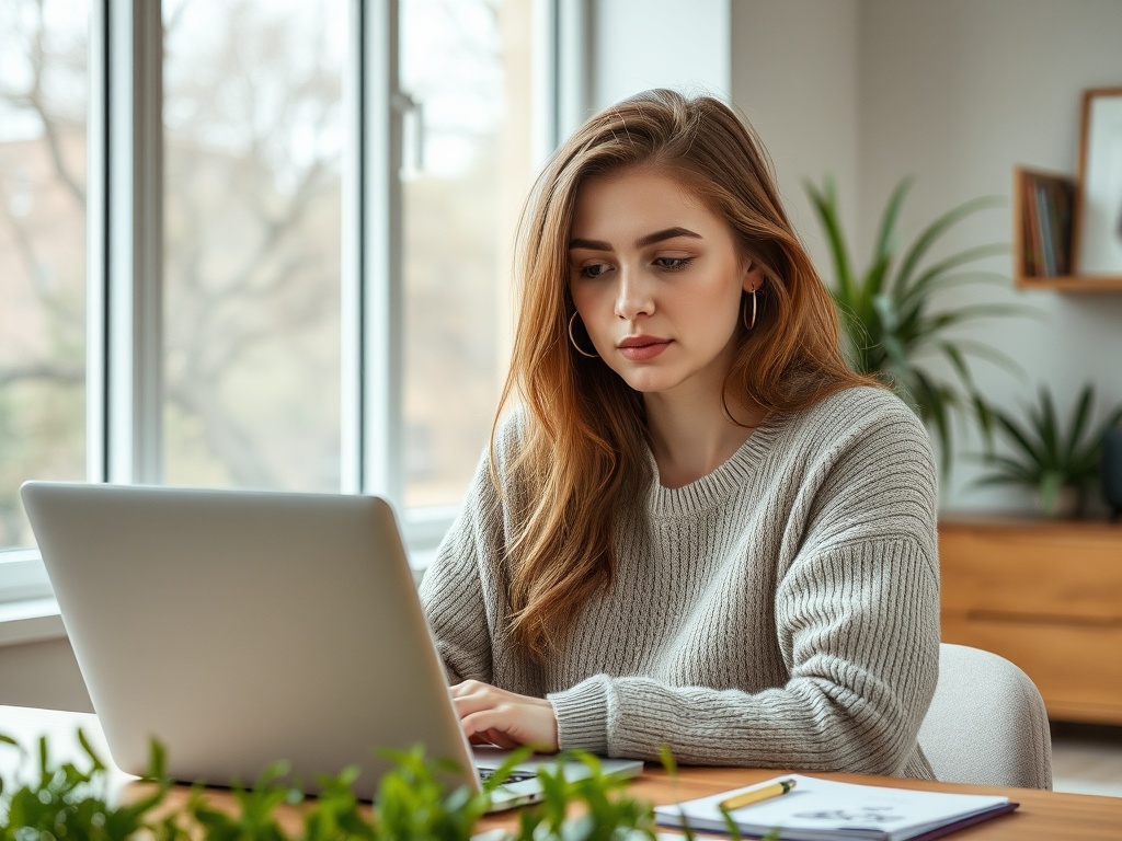 Девушка сидит за столом с ноутбуком, сосредоточенно работая в светлой комнате с окнами и растениями.