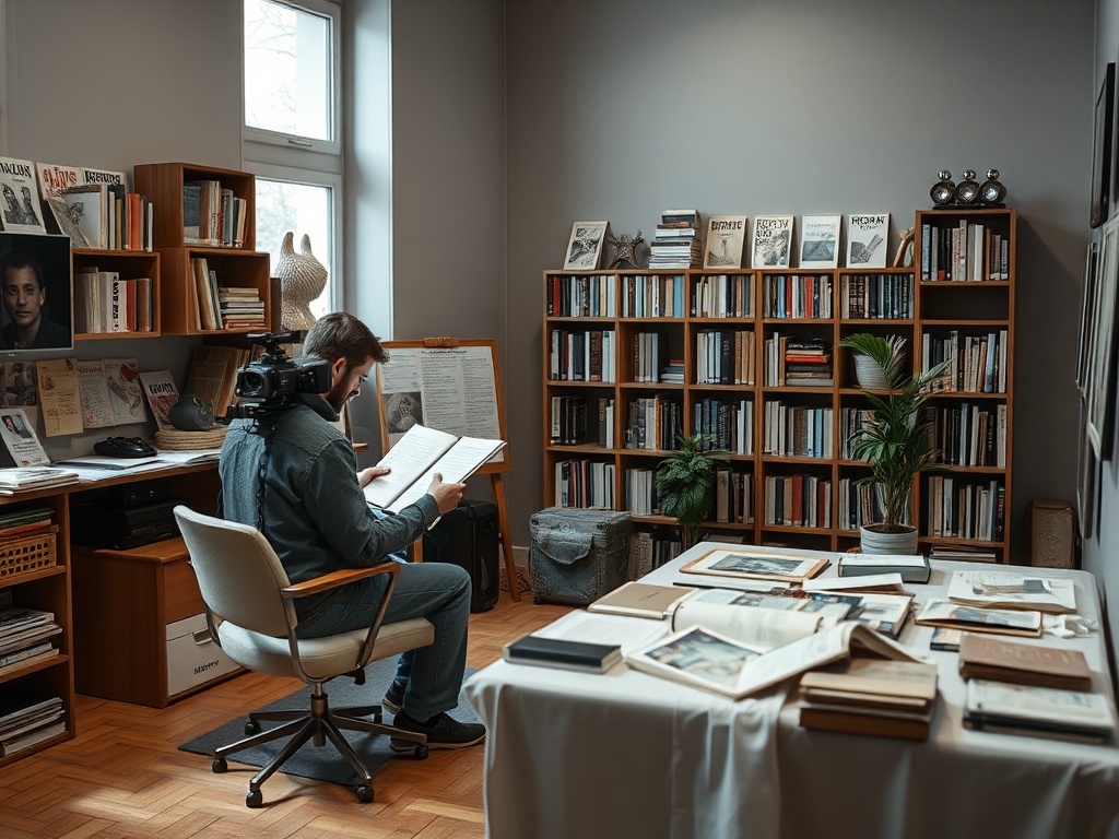 В уютном кабинете мужчина изучает книги, окружённый полками с литературой и предметами искусства.