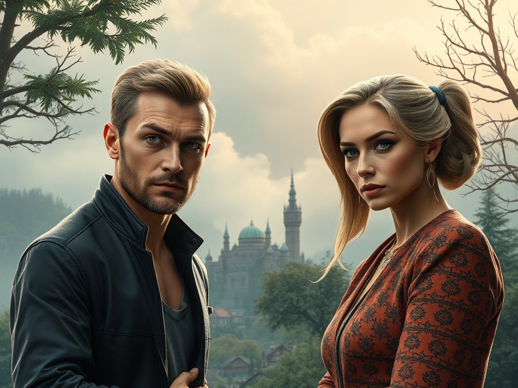 На изображении мужчина и женщина на фоне загадочного замка и леса, их взгляды полны решимости.