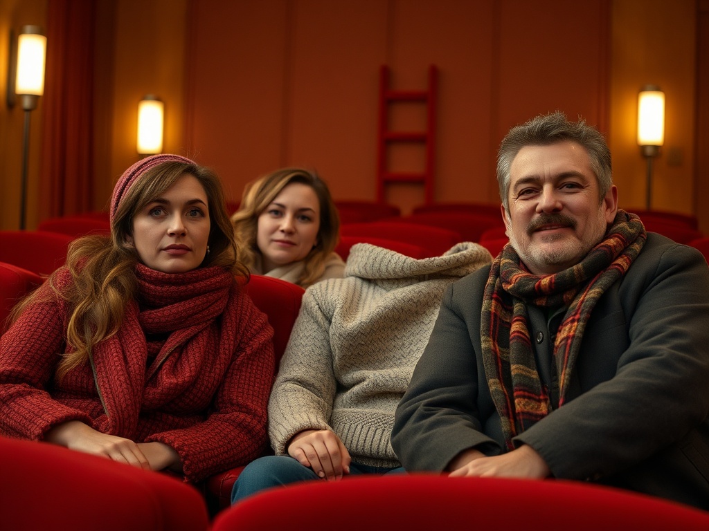 На фото три человека в театре, сидящие на красных креслах и уютно одетые в свитера и шарфы.