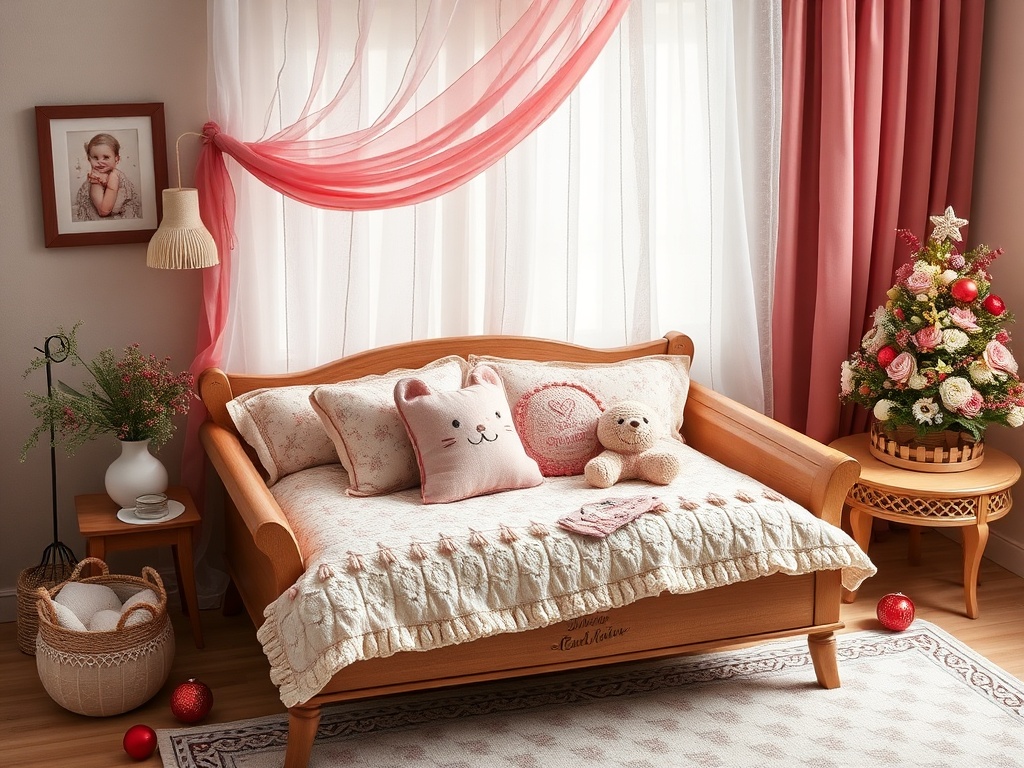 Уютная комната с кроваткой, мягкими подушками и маленькой рождественской елкой рядом.