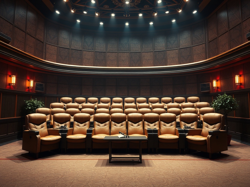 Комфортабельные кожаные кресла в уютном домашнем кинотеатре с мягким освещением и декоративными растениями.