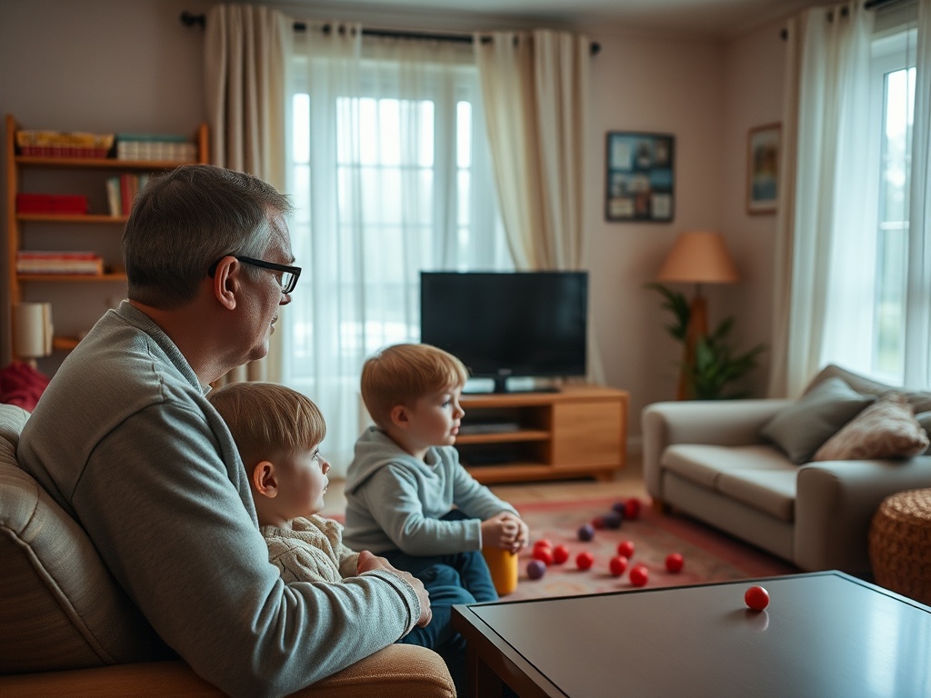 Дедушка сидит с двумя внуками в уютной комнате, смотрят телевизор и играют с игрушками на полу.
