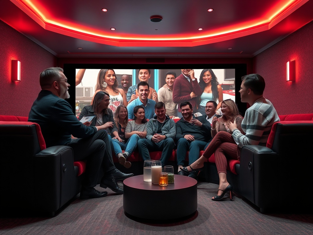 Группа людей сидит в стильной комнате для просмотра фильмов, на экране - их фото и кадры общения.