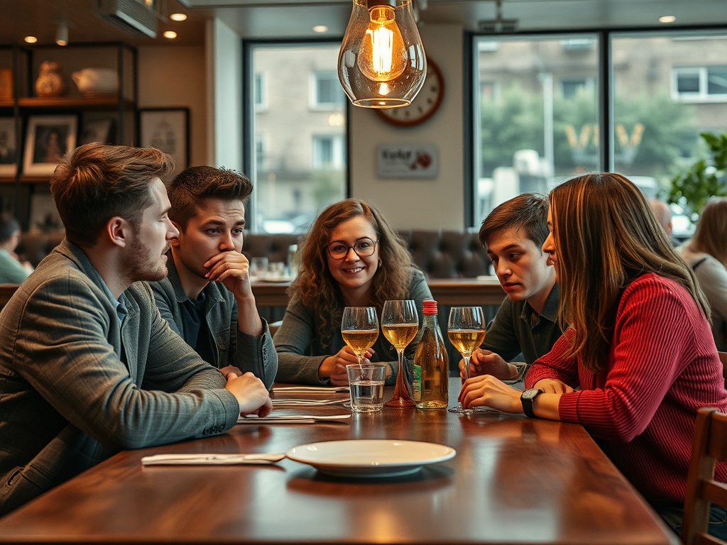 Друзья наслаждаются вечерним ужином в кафе, обсуждая что-то увлекательное за столом с напитками.