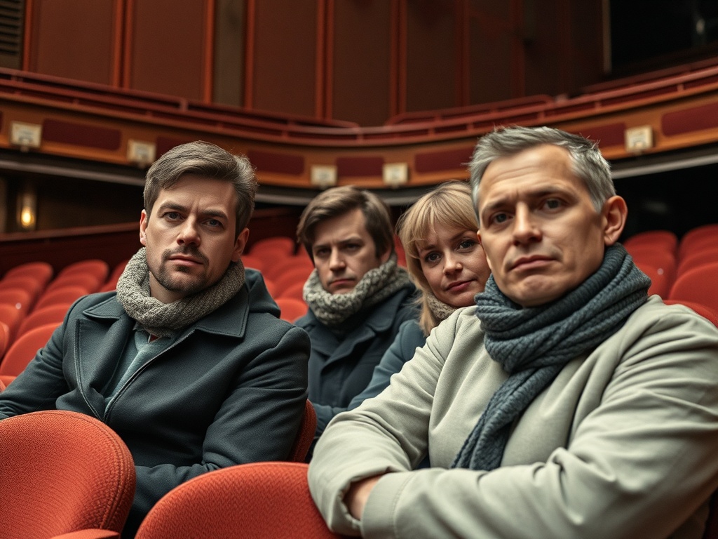 Четверо людей сидят в театральных креслах, выглядят задумчивыми и сосредоточенными на сцене.