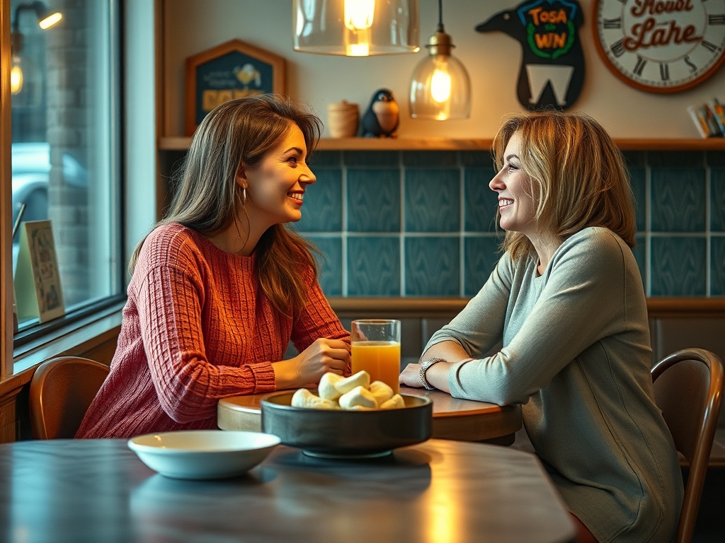 Две женщины улыбаются и общаются за столом в уютном кафе, рядом находятся закуски и напитки.