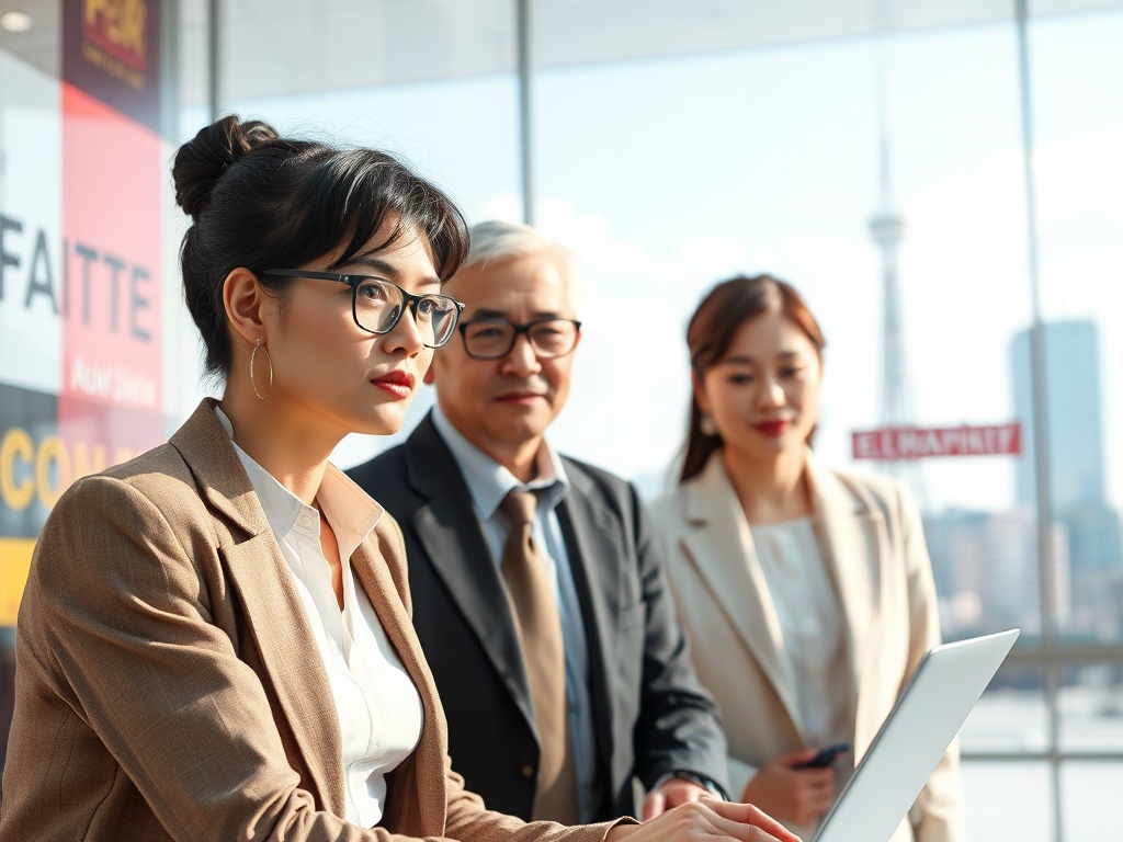 На фото женщина в очках и костюме работает за ноутбуком, двое коллег её слушают.