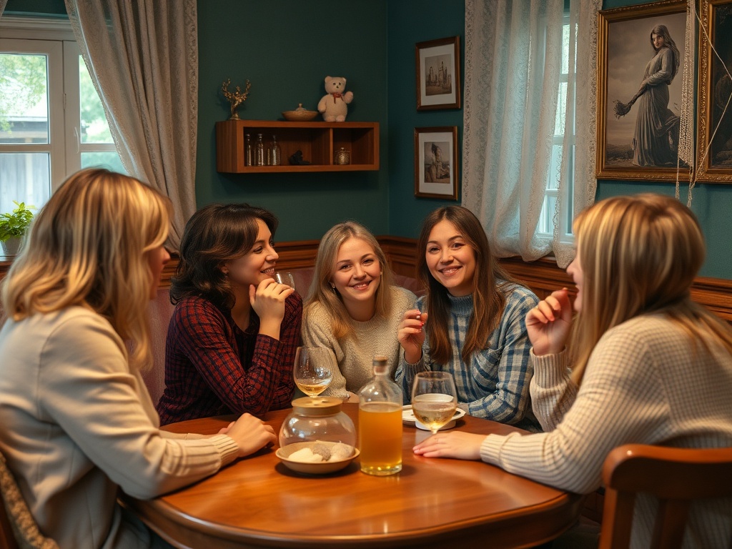 На изображении друзья наслаждаются временем в уютной комнате, общаясь за столом с напитками и закусками.