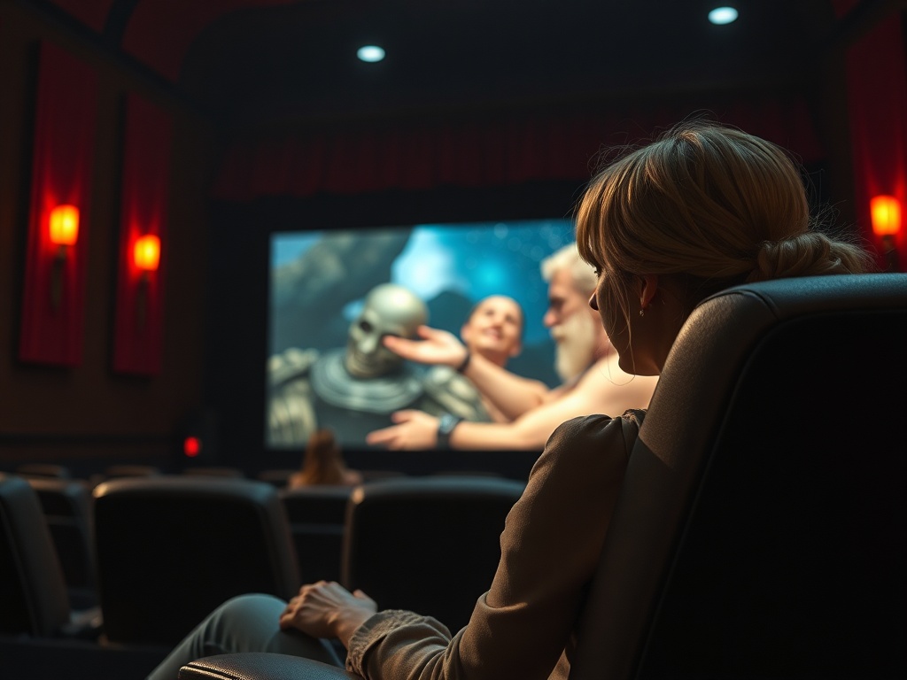 Женщина смотрит фильм в кинотеатре, на экране сцена с персонажами в фантастическом окружении.