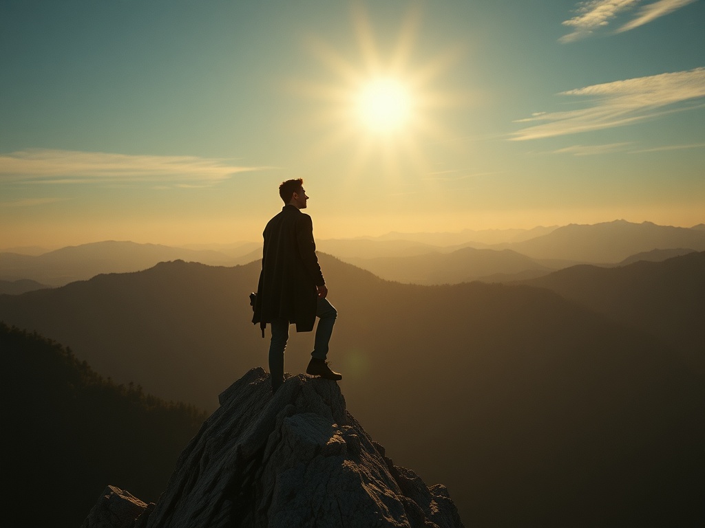 Человек стоит на вершине горы, глядя на восход солнца над бескрайними горами.