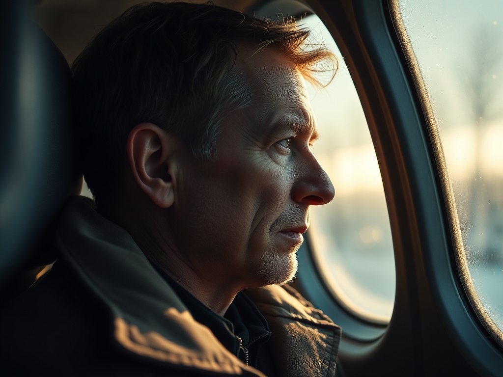 Мужчина в кресле самолета, смотрящий в окно, будто погруженный в размышления. Солнечный свет проникает внутрь.