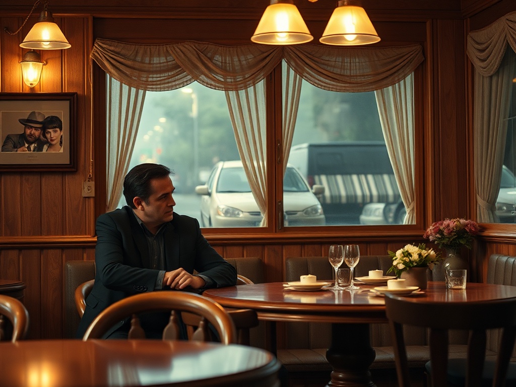 В ресторане мужчина сидит за столом, глядя в окно на улицу и задумавшись. Стильный интерьер с цветами.