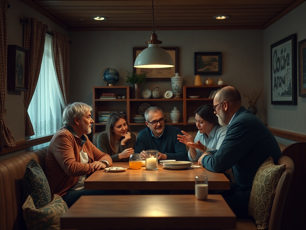 В уютном ресторане группа друзей обменивалась мнениями за столом при свечах. Атмосфера теплая и дружеская.