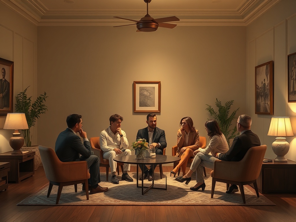 Шестеро людей в уютной комнате обсуждают что-то важное, сидя вокруг круглого стола.