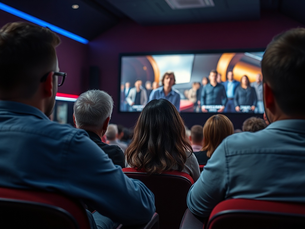 Группа людей смотрит фильм в кинотеатре, экран показывает сцену с актерами в фокусе.