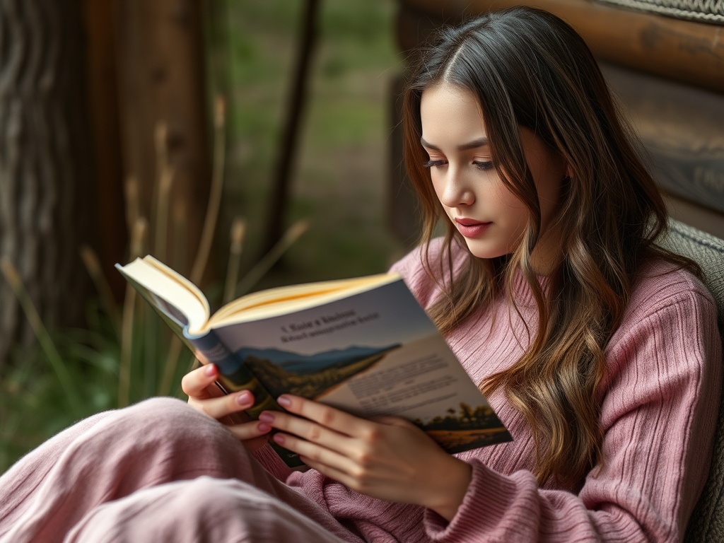 Девушка в розовом свитере читает книгу, уютно устроившись на крылечке у дерева.