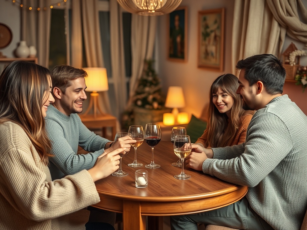Четыре человека улыбаются за столом, наслаждаясь напитками и приятной атмосферой вечера.