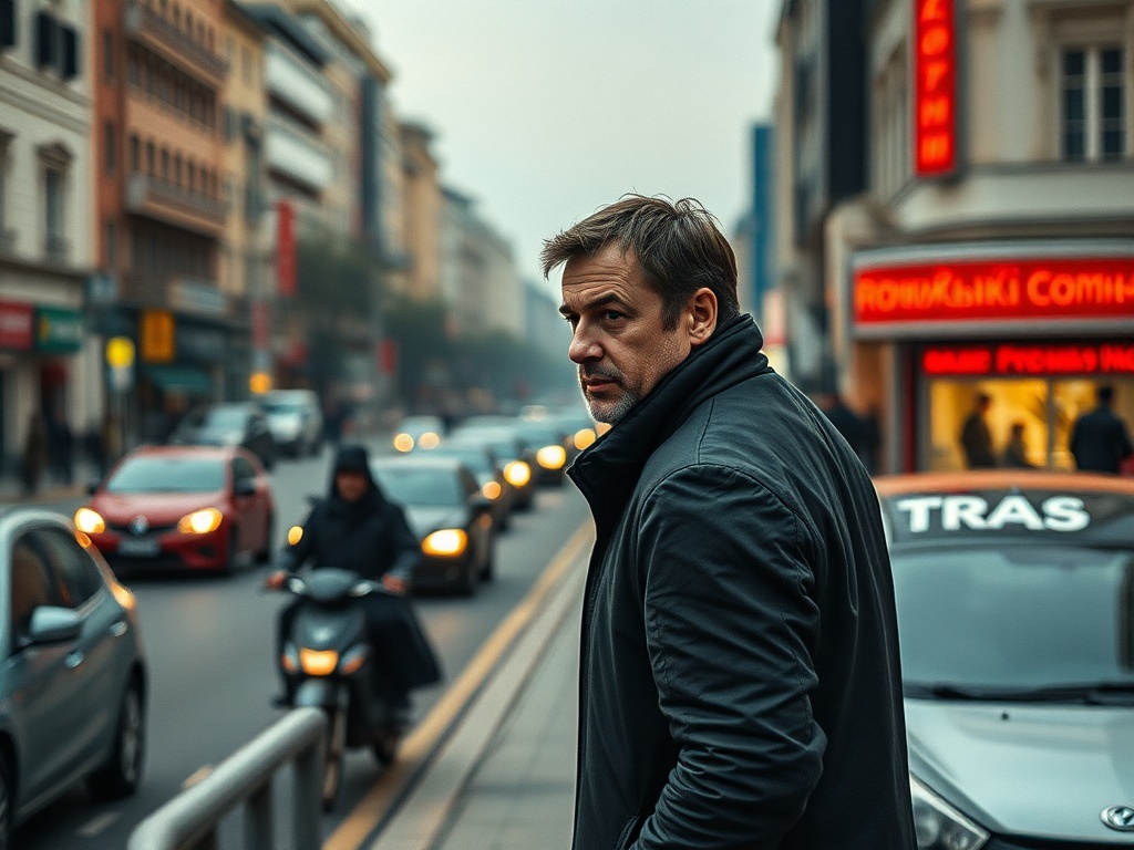 На городской улице мужчина смотрит через плечо, прохожие и машины окружают его. Туманная атмосфера.