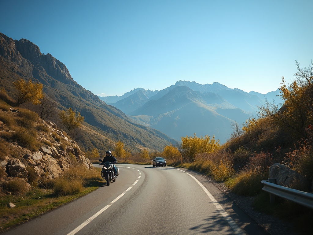 Дорога петляет между горами, с мотоциклом и машиной, окруженная осенними деревьями и ясным небом.