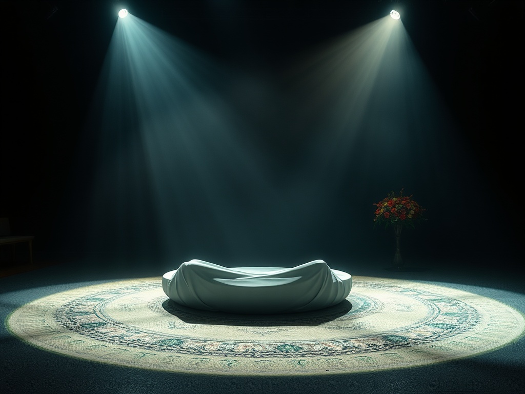 Комната с освещенным кругом и белым объектом в центре, окруженным светом, справа — цветы в вазе.