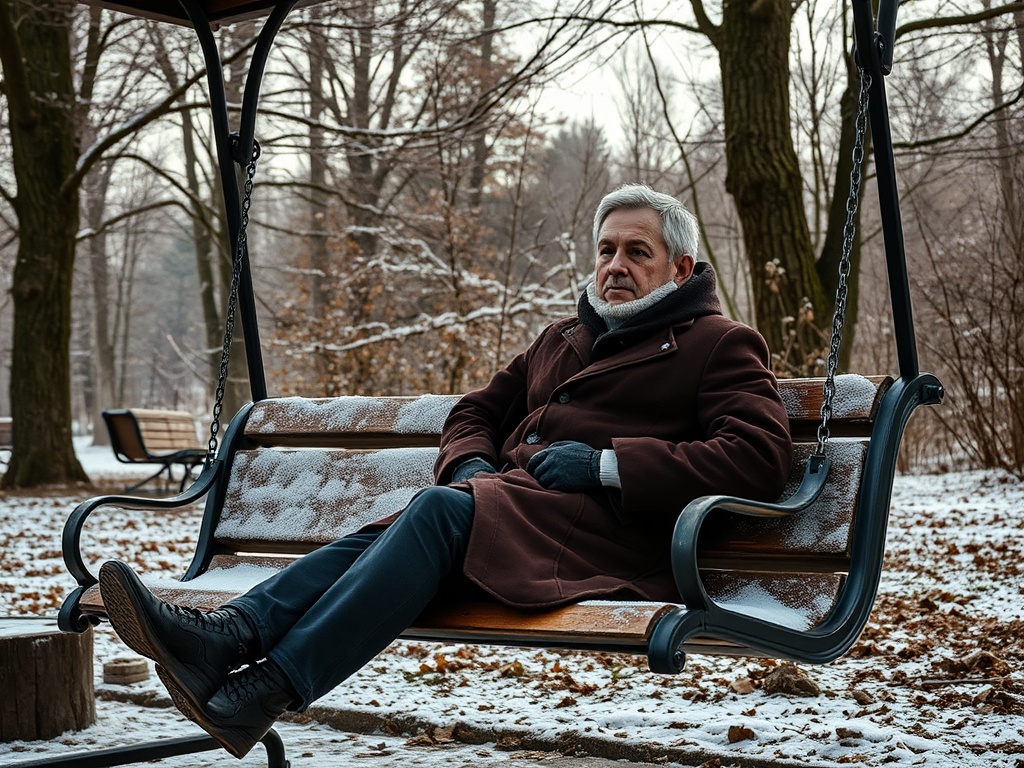Пожилой мужчина сидит на качелях в зимнем парке, вокруг лежит снег и осенние листья.