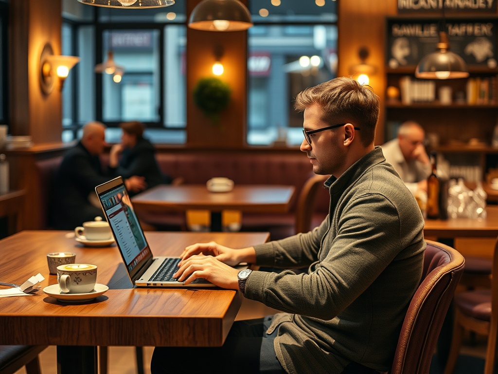 Молодой человек работает за ноутбуком в кафе, наслаждаясь кофе и атмосферой вокруг.