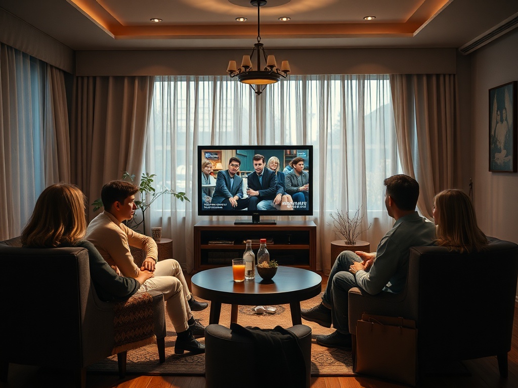 Группа людей смотрит телевизор в уютной гостиной, свет приглушен, на экране кадр из шоу.
