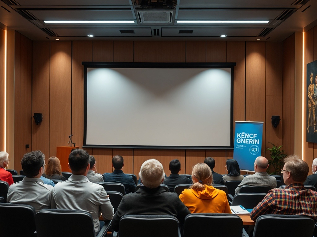 Аудитория с людьми, ожидающими начало мероприятия, перед экраном и рекламным баннером.