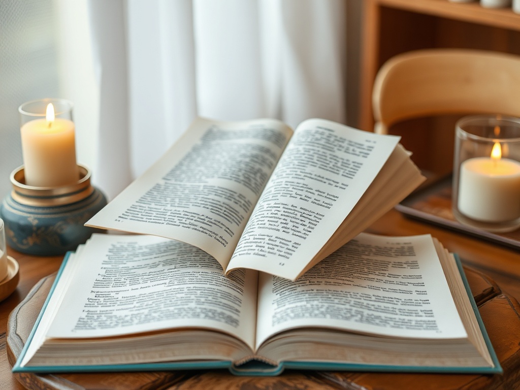 На столе открытая книга, рядом свечи в стеклянных фонариках и элемент декора. Уютная атмосфера для чтения.