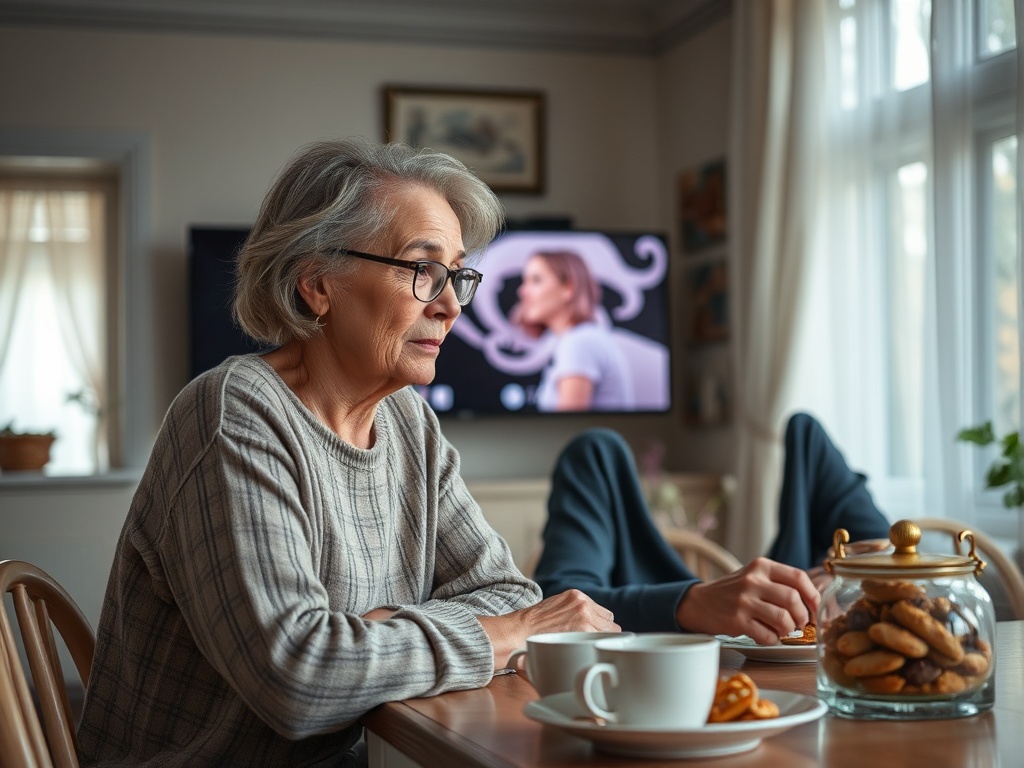 Старица сидит за столом, смотрит на телевизор. На столе чашка и разнос с печеньем.
