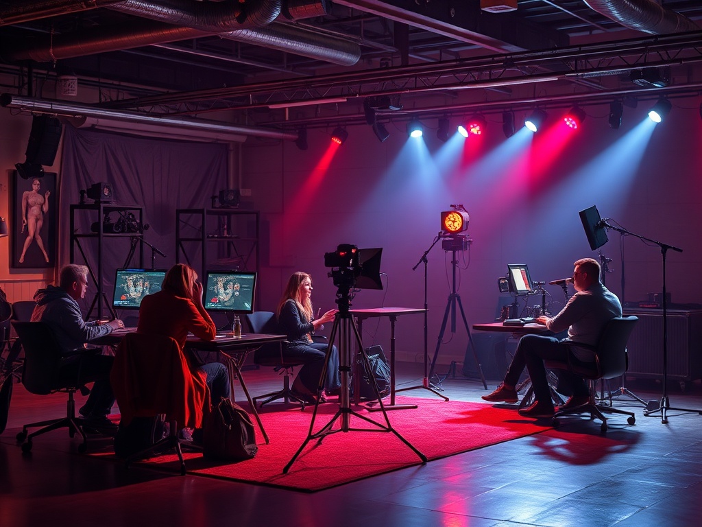 В помещении проходят съемки, участники обсуждают идеи, оборудование и освещение для проекта.