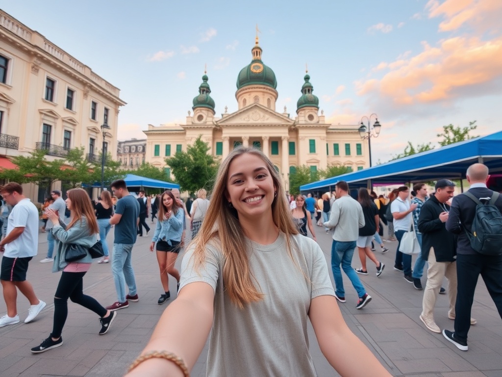 На фото девушка улыбается на фоне городской площади с людьми и красивым зданием.