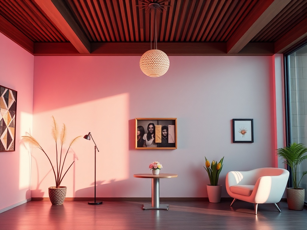 Современный интерьер с открытым пространством, элементами декора и уютной мебелью. Тёплое освещение и растения.