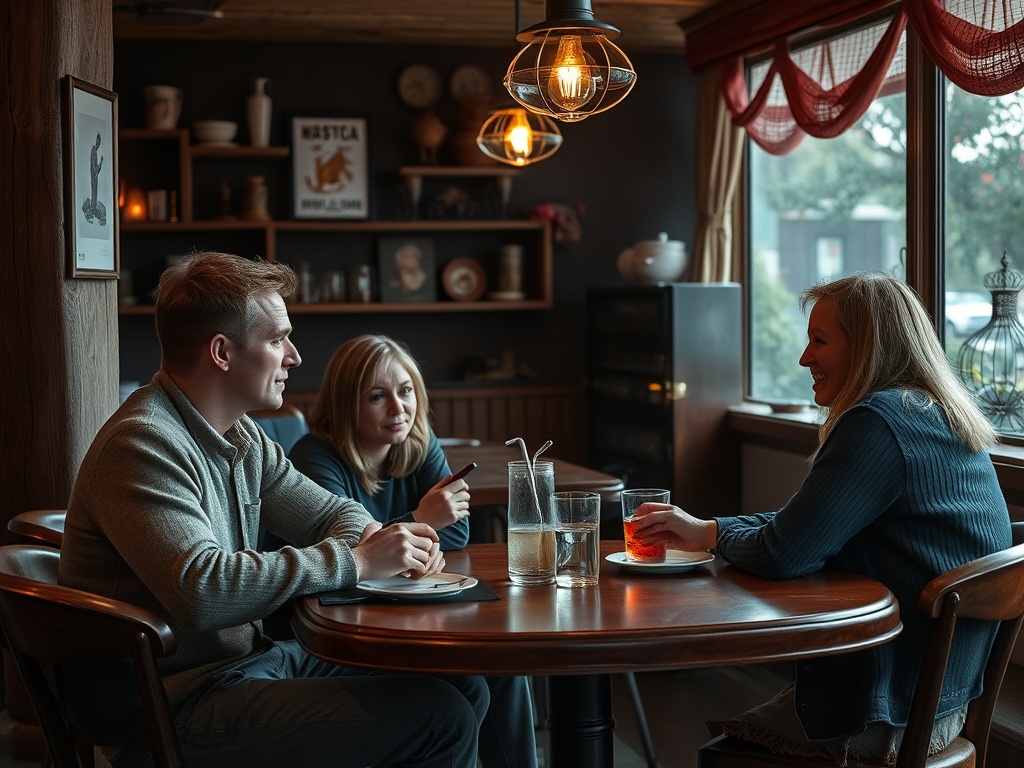 Трое людей беседуют за круглым столом в уютном кафе, наслаждаясь напитками и приятной атмосферой.