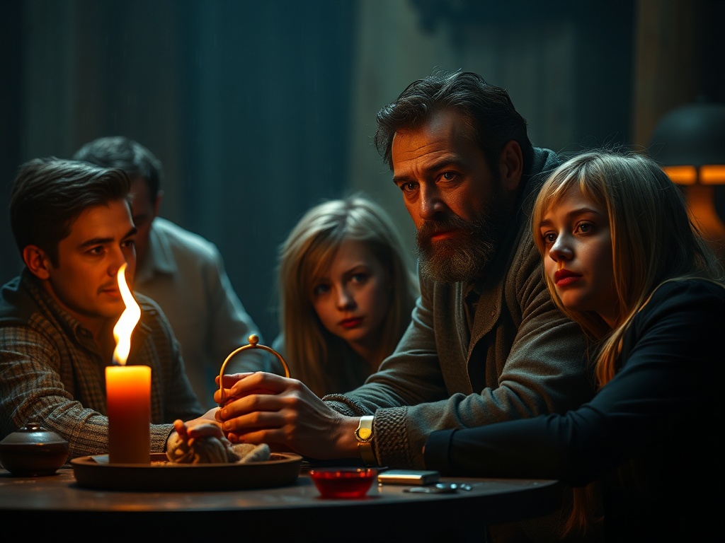 Группа людей за столом при свете свечи, обсуждающих что-то важное и таинственное.