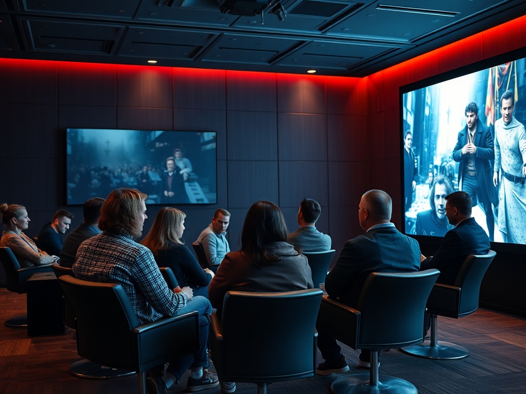 В конференц-зале группа людей смотрит презентацию на больших экранах. Полумрак, современный дизайн.