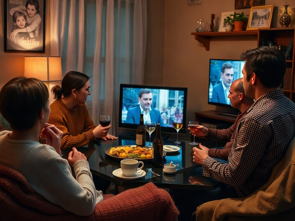 Компания друзей смотрит телевизор и наслаждается перекусом с напитками в уютной обстановке.