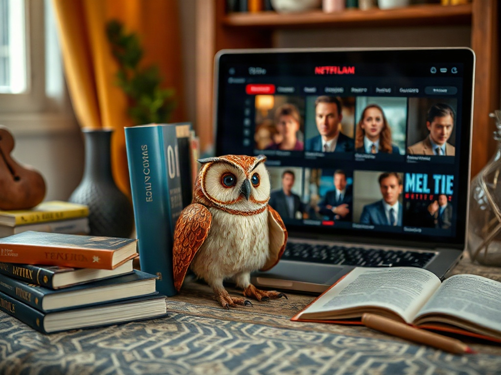 На столе лежат книги, перед ноутбуком с сайтом Netflix сидит сова. Уютная обстановка.